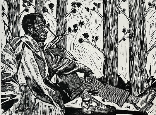 Dontanarious Kelly, limited edition linoleum cut print, "Reflections of James Baldwin 2"